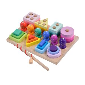 WANAN Montessori Wooden Fishing Toy - Magnetic Fishing Set 3 in 1 Column Building Block Shape Recognition Education