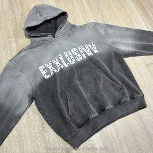 Hoodie Manufacturers oversize Custom Pullover Streetwear Cropped Hoody Heavyweight Rhinestone Acid Wash Hoodies Men