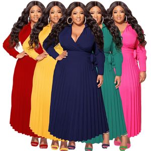 Female Trending Products Women Solid Color Plus Size Women's V-neck Tie Long-sleeved Pleated Skirt with Fitted Temperament Dress