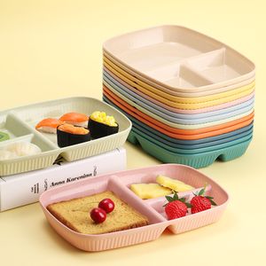 High Quality Reusable Wheat Straw Rectangular Dining Plate 3 Compartments Plastic Divided Adult Dinner Plates
