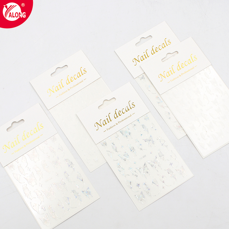 Yalong Nail Liquid Butterfly Sticker New Openwork Laser Hot Silver Bright Color Thin Tough Butterfly Adhesive Nail Decal Custom