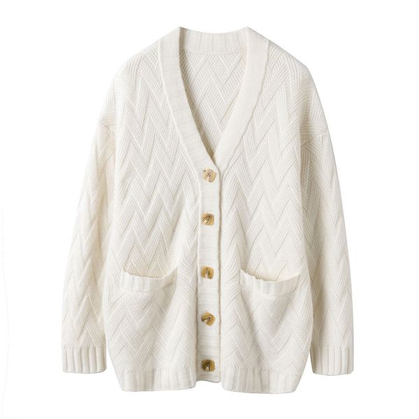 Heavy Weight Thick Loose Design V Neck Cable Knit Knitwear Women Autumn Winter Loose Long Sleeve Twist Elegant V Neck Cardigan