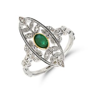 925 Sterling Silver 14K Gold Plated Gemstone Retro Cz Zircon Hollow Leaf Chrysoprase Ring