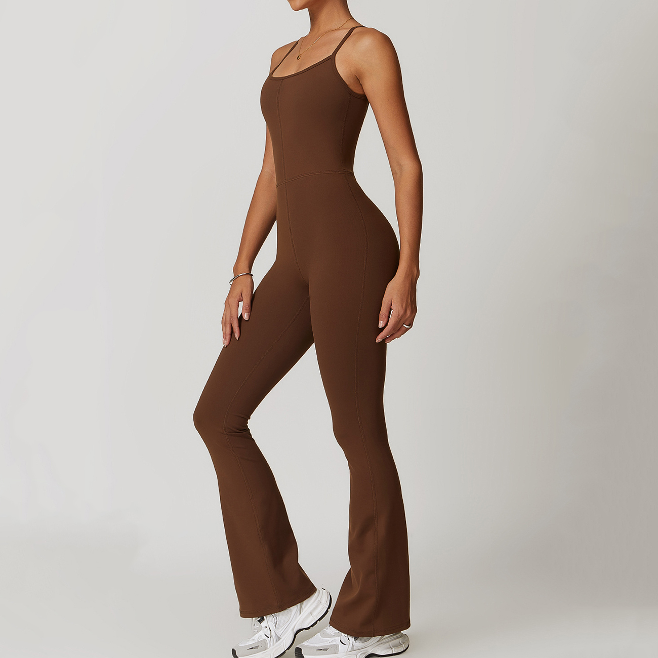 Women Wholesale Yoga Long Rompers Strappy Square Neck U Back Scrunch One Piece Workout Jumpsuit with Flare Leggings