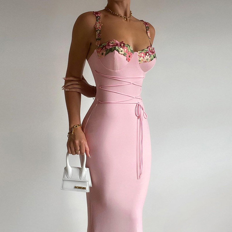 European  American 2024 summer new item waist cinching strap hip hugging long skirt Ladies Causal Dress chest cup decal dress