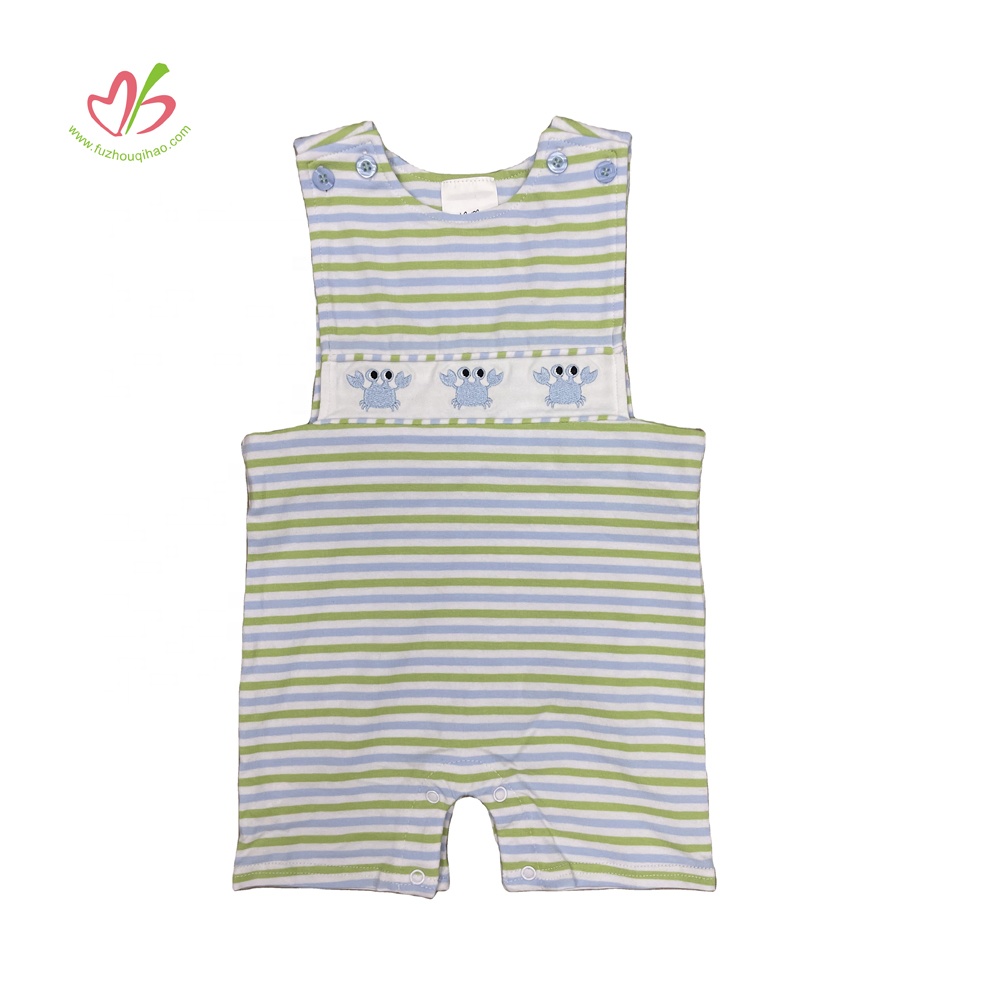 OEM ODM Smocked Jumpsuit Custom Stripe Knit Kids Clothing One-pieces Baby Boy Bubble Crab Embroidery Bodysuit Infant Clothes