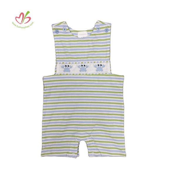 OEM ODM Smocked Jumpsuit Custom Stripe Knit Kids Clothing One-pieces Baby Boy Bubble Crab Embroidery Bodysuit Infant Clothes