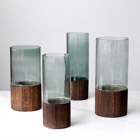 Tall Mouth-blown Glass Vase with Wooden Base Cylinder Lantern Table Centerpiece for Home Decor Wedding Gifts