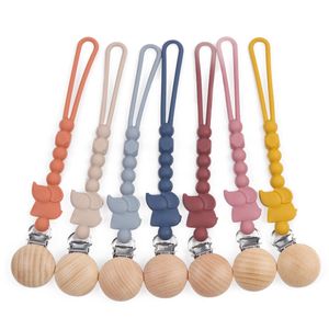 Wholesale Elephant Silicone Pacifier Clips Holders Wooden Beads Chain Pacifier Clips for Baby Boys and Girls