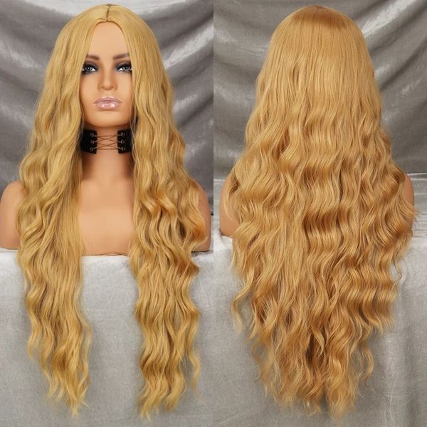 Long Wavy Green Synthetic Wig Women's Heat-Resistant Natural Half Part Cosplay Party Lolita Red Black Pink Wig
