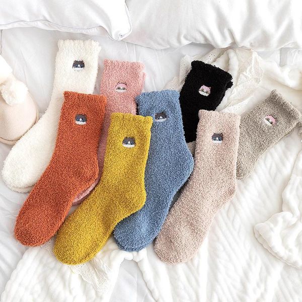 Wholesale fuzzy socks women cute cartoon cats winter floor socks autumn winter new custom embroidered socks