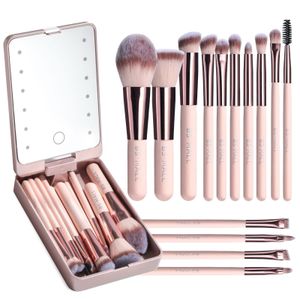 Fashion Small Travel Makeup Brushes Set Mirror Case Custom Logo 14pcs Makeup Brush With Led Mirror Case Private Logo