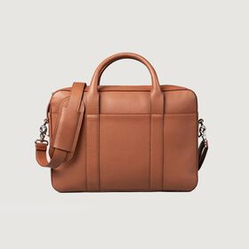 Brown 100% Real Full Grain Naturally Milled Cowhide Leather Briefcase with Cotton Twill Inner Shell and Two Way Zipper