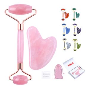 Private Label Rose Quartz Jade Roller And Gua Sha Set Wholesale Anti-aging Jade Roller Kit Natural Jade Guasha Stone Massage Set