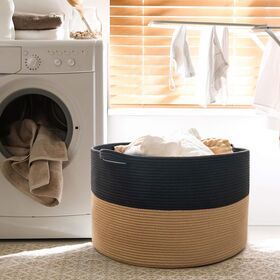 Wholesale OEM black foldable toy cotton rope storage large woven folding stackable Laundry basket with handle