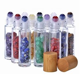 Wholesale Rose Quartz Natural Gemstone Essential Oil Roller Bottle 10ml Glass Roll-on Perfume Bottles With Bamboo Lid