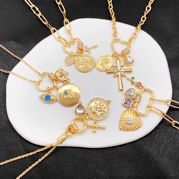 Fashion jewelry gold plated geometry can open mountain buckle Devil's Eye heart Cross diamond crystal pendant necklace for women