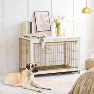 Modern Side End Table Dog Crate Medium Wooden Kennel with Pull-Out Tray Double Doors Button Closure Dot Pattern Indoor Furniture
