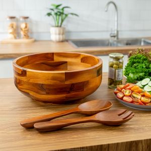 Eco-Friendly Large round Wooden Salad Bowl with Paper Spoon and Fork Set for Fruit or Party Kitchenware Serving Bowl