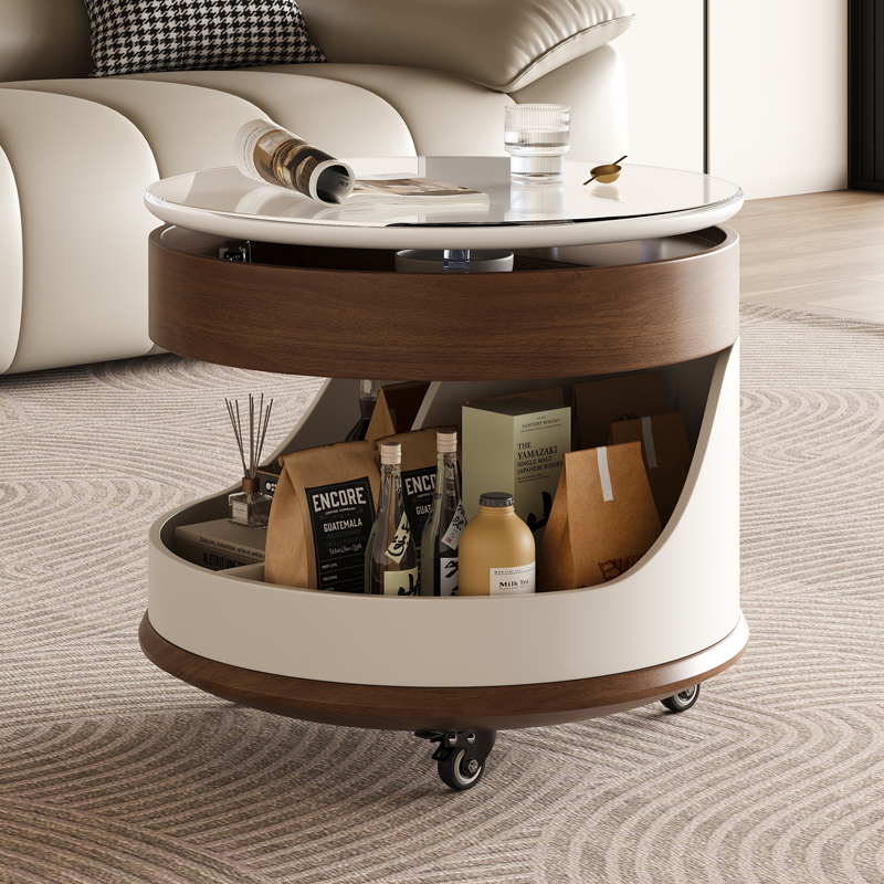 Ganzhou Mingwuju Furniture Co., Ltd Living room circular small coffee table movable trolley simple modern home rotary lifting side solid wood storage cabinets