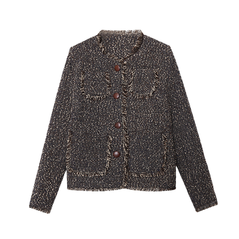 Suzhou Zhiqiao Trading Co., Ltd. Tassel rough right angle shoulder simple round neck coat 2024 early autumn new SN6326