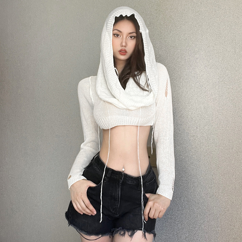 Fuzhou Reliable E-Commerce Co., Ltd. 2023 Fashion Gothic Solid Long Sleeve Casual Streetwear Hollow Pullover Women Crop Top Ripped Knit Hoodie Sweaters