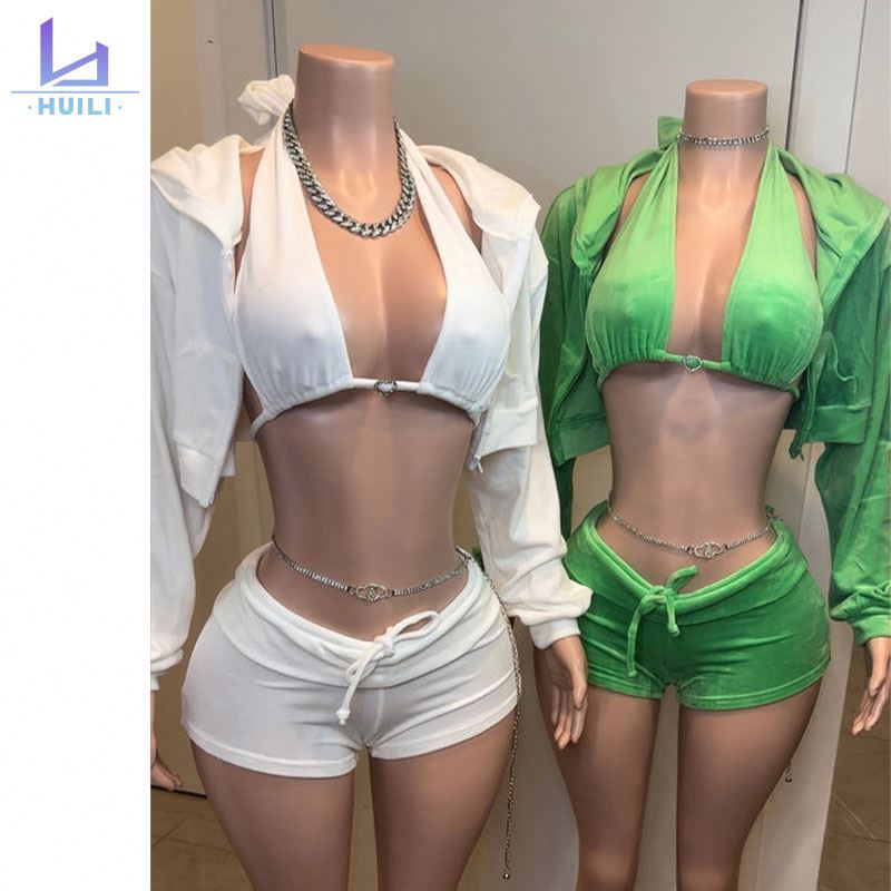 Quanzhou Licheng District Huachuang Clothing Firm Huili Manufacturer High Quality Customized Tight Shorts Zip Up Hooded Jacket Casual Ladies Tracksuit Two Piece Short Set