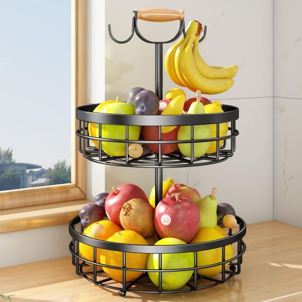 Kitchen Countertop Metal Wire Basket Vegetable Bowl Storage Holder 2-Tier Fruit Basket with Banana Hanger