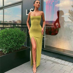 Women Elastic Long Dresses Sleeveless Camisole Backless Sexy Strap Split Evening Prom Dress