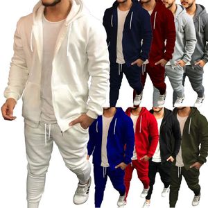 2024 Men Sport Wear Jogging Casual 2 Piece Set Men's solid color casual hooded cardigan zippered jacket sports suit