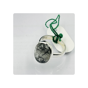 Natural Black Rutilated Quartz Gemstone Cabochon 92.5 Sterling Silver Wedding Ring with Diamond Colorful Gemstone Bride Groom