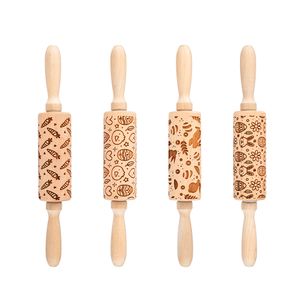 Factory Wholesale Various Pattern 3D Leaser Engraved Custom Logo Christmas Easter Pastry Roller Wooden Rolling Pin