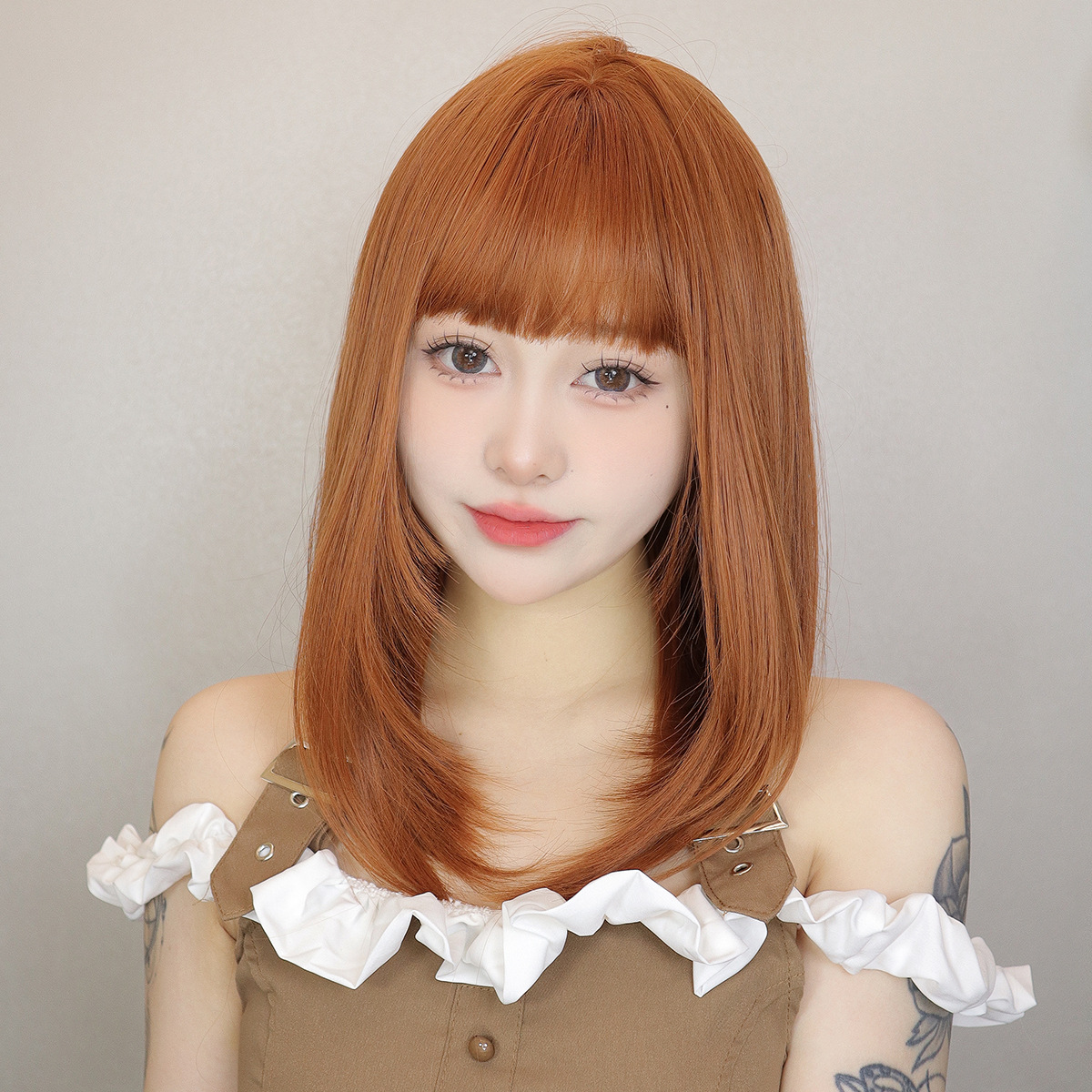 Xiamen Fire Lion International Trade Co., Ltd Orange collarbone medium length straight hair air straight bangs women's synthetic fiber full head cover
