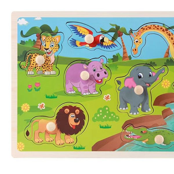 Hot Selling Preschool Children Toys Educational Learning Wooden Safari Puzzle With Knob