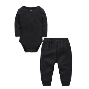 2 Pieces Baby Clothing Set Black Blank Muslin Kids Clothes 100% Cotton Romper Pant Black Plain Bodysuit Trousers Suit