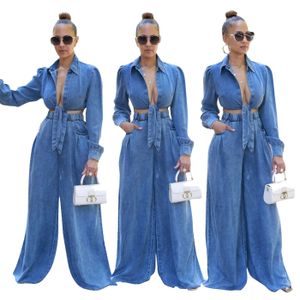Custom Logo fall 2024 women clothes New women's casual wide-leg jeans 2 piece sets v neck sexy jeans suit