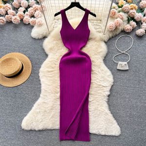 Fall Sleeveless Knitting Casual Dress Women High Waist Midi Pleated Clothes Women Acrylic Casual Dresses