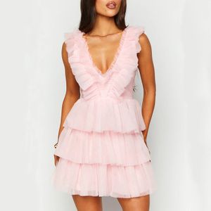 Women Clothing 2024 New Fashion Tulle Backless Ruffle Mini Dress Tiered Deep V-Neck Sleeveless Mesh Dress Club Evening Dress