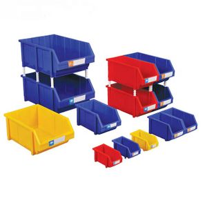 Warehouse plastic storage bins, parts bins