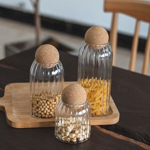 High Quality Vertical Striped Kitchen Storage High Borosilicate Glass Jar With Cork Spice Food Glass Storage Containers With Lid