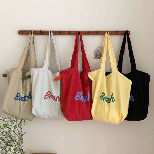 Manufacturer Custom Logo Printed Drawstring Closure Nylon Women's Shoulder Tote Shopping Bag Beach Bag