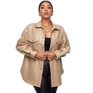 Women's New Autumns Loose Casual Long-Sleeved Leather Jacket Street Style PU with Button Decoration for Spring and Winter