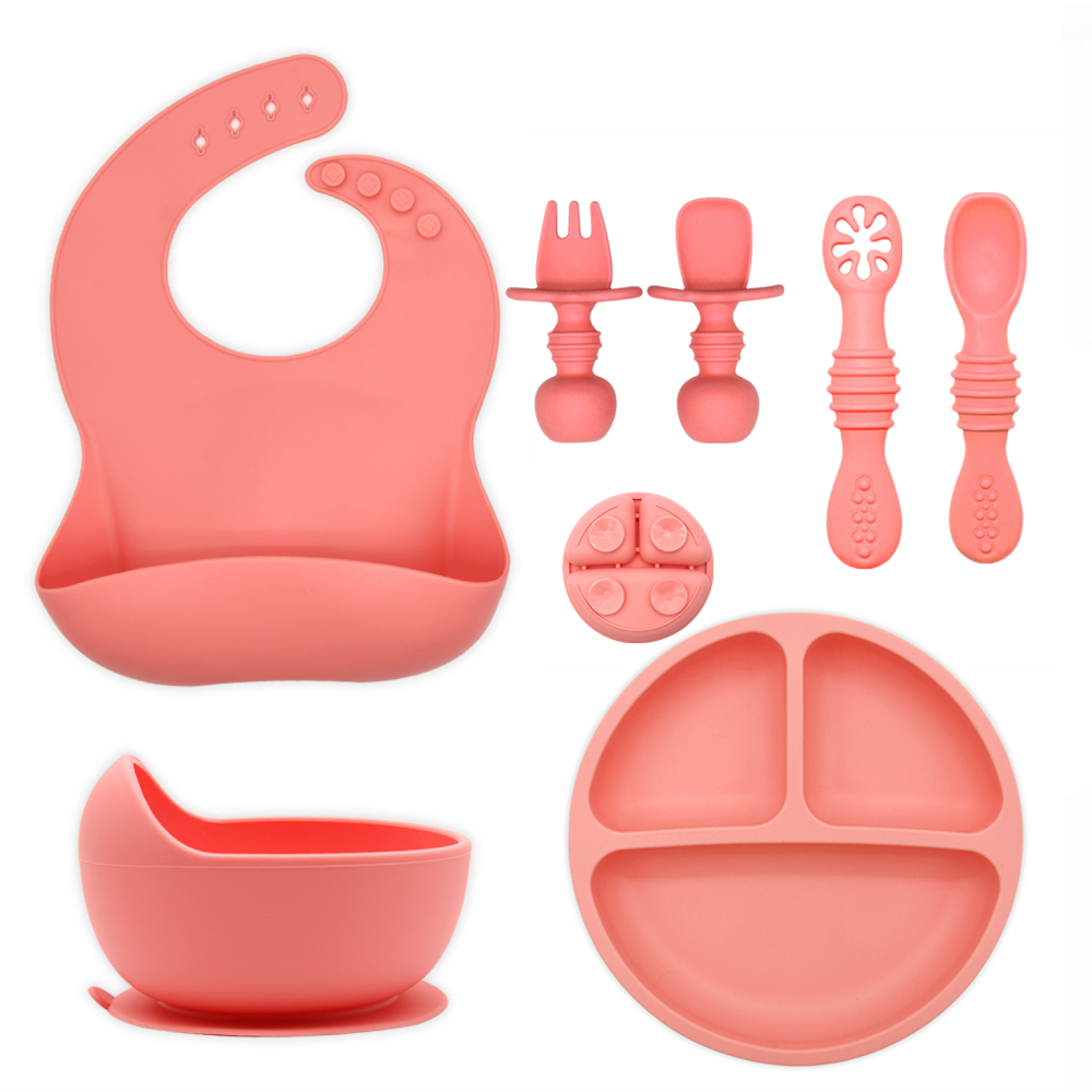 Newly BPA Free Food Grade Rubber Baby Bowl Bib Plate Training Snack Cup Spoon Fork Silicone Tableware Baby Feeding Set