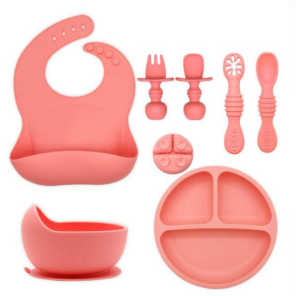 Newly BPA Free Food Grade Rubber Baby Bowl Bib Plate Training Snack Cup Spoon Fork Silicone Tableware Baby Feeding Set
