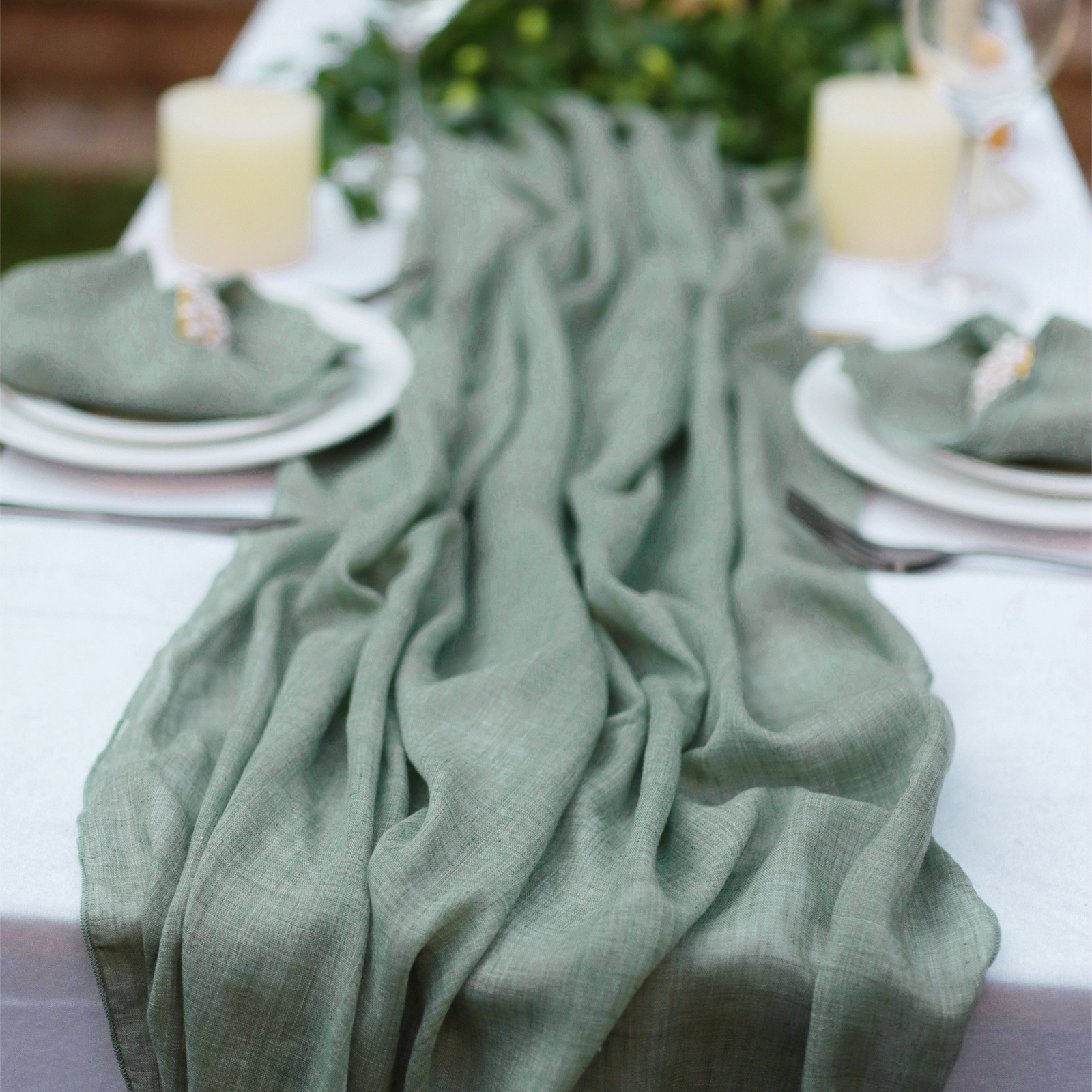 Taizhou Feisheng Textile Co., Ltd Customize Gauze Cheesecloth Tablecloth Wedding Banquet Hotel Decoration Wholesale Table Runner Cocktail for Events Handmade