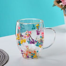 300ml High Quality glass Cup with Customized Dry Flower for Coffee and Beverage