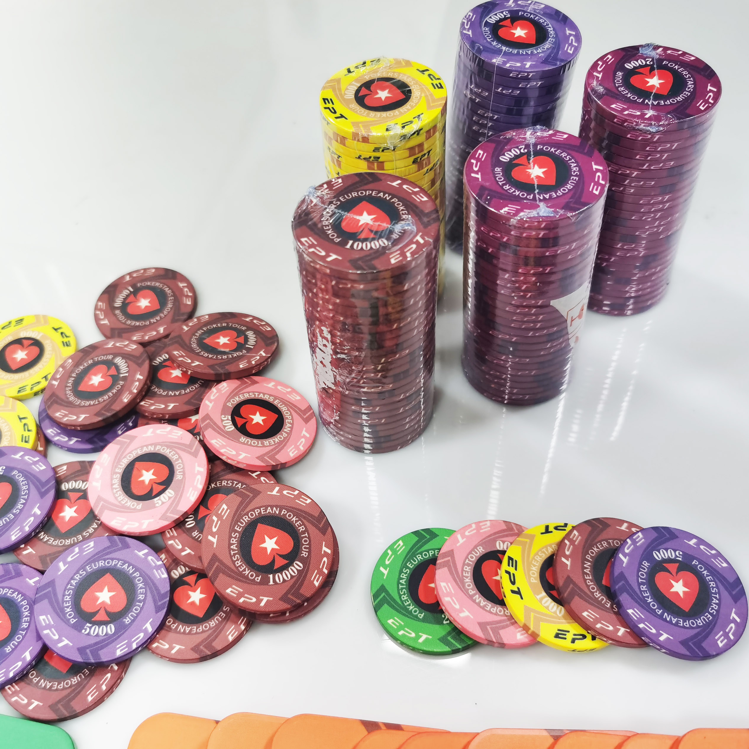 Free sample design custom printed logo 10g 39mm EPT/WPT casino token ceramic poker chip