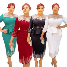 Plus Size American Fashion Diamond Mesh Sleeve Split Midi Skirt African Office Lady Professional Women's Large Elegant Dress