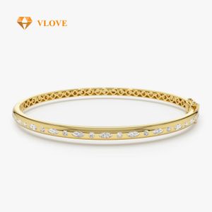 VLOVE Solid Gold Jewelry Diamond Bracelets 14k Gold Flush Setting Marquise Shaped and Round Diamond Bangle