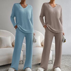 fall winter fashion women clothing ladies casual V neck long sleeve shirt loose pants suit two piece women's sets